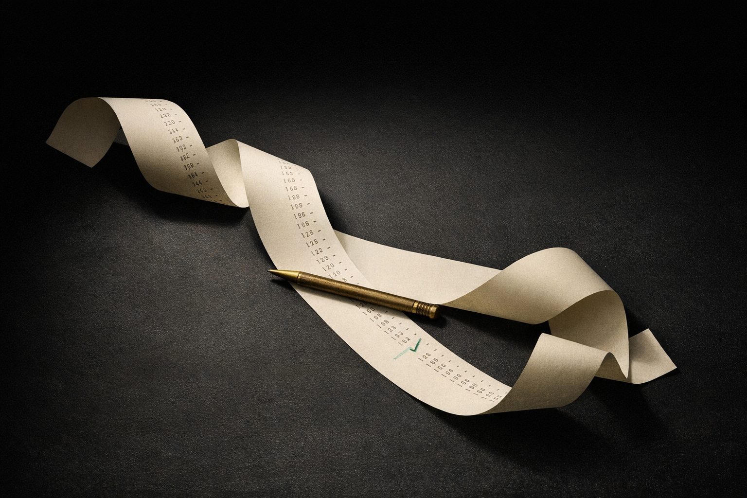 An adding-machine paper tape curling across a near-black desk, one long column of printed figures with a single line ticked in mint ink, a brass pencil laid across the tape, overhe