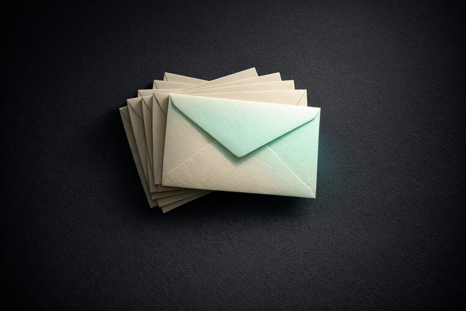 A fanned stack of cream envelopes on a near-black surface, one of them catching a pale green light
