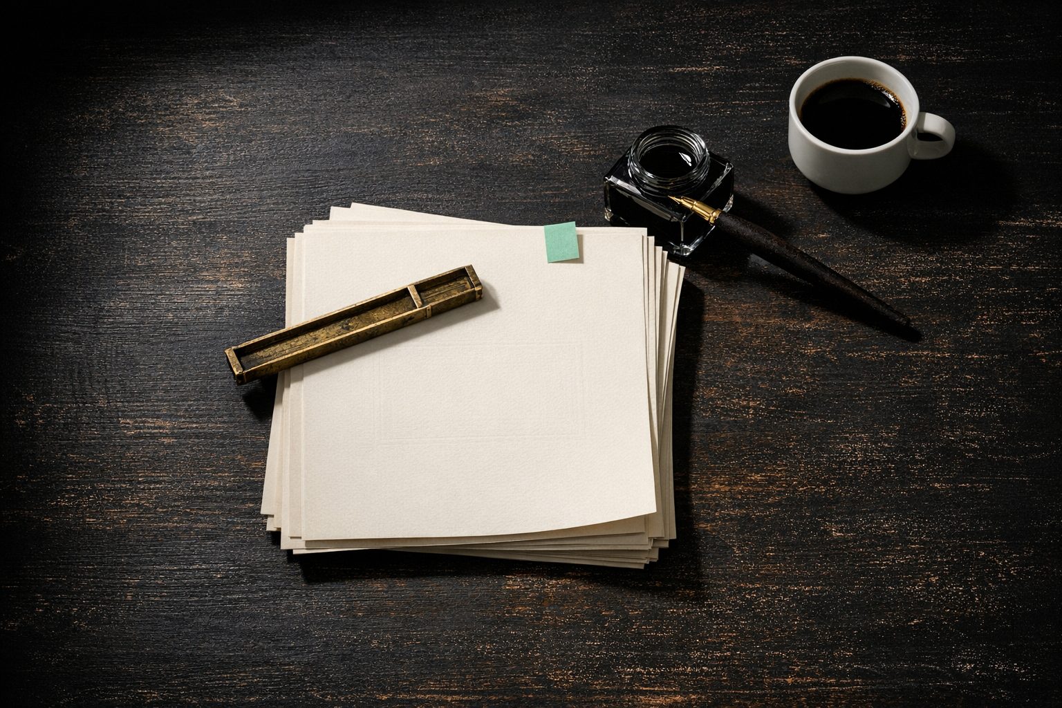 Overhead editorial still life, near-black ground, first light from the upper left. A worn oak desktop holds a squared stack of cream proof sheets, the top sheet pulled a little for