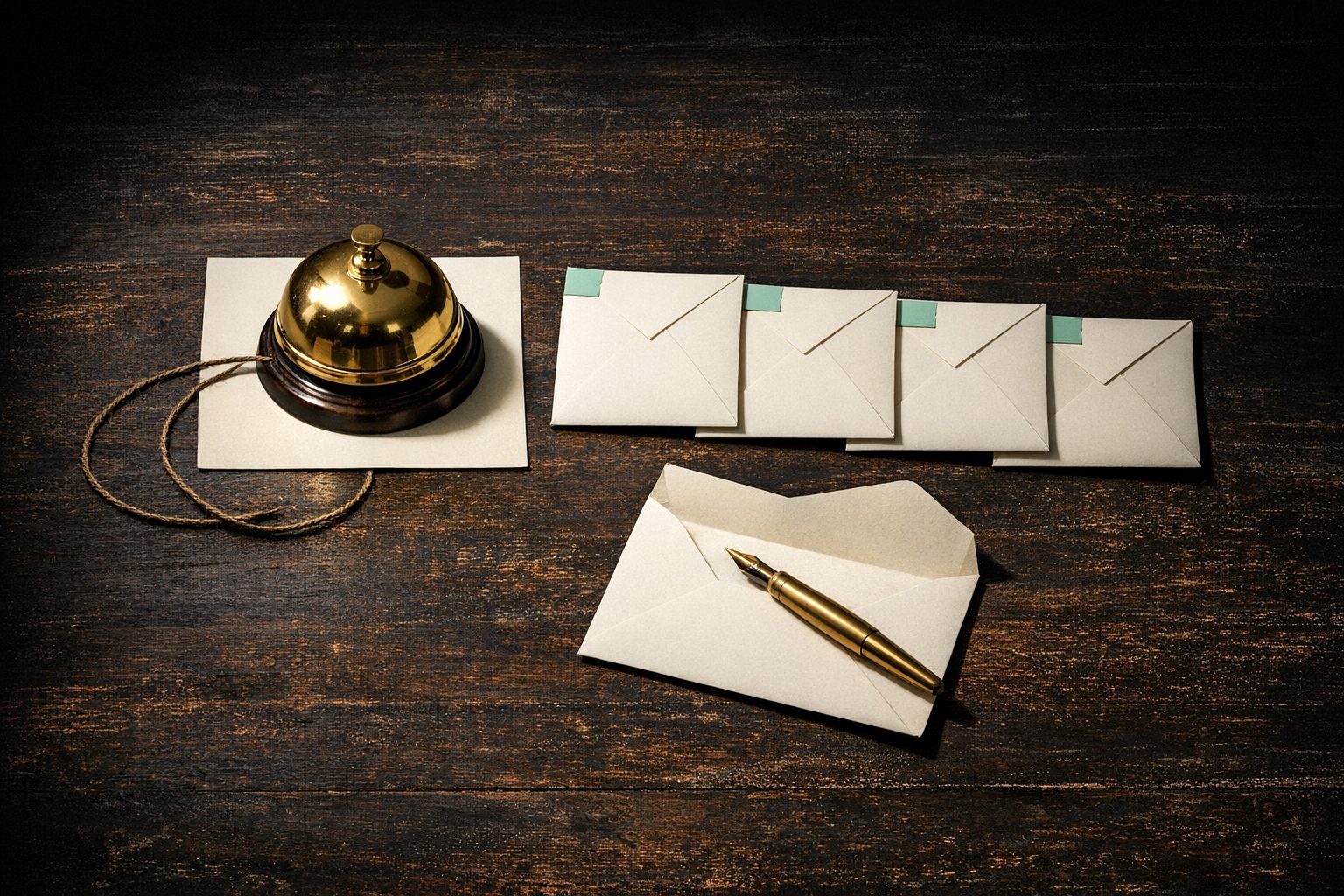 Overhead editorial still life, near-black ground, first light from the upper left. A worn oak desktop. At the centre, a small brass bell of the kind kept on a counter, polished, si
