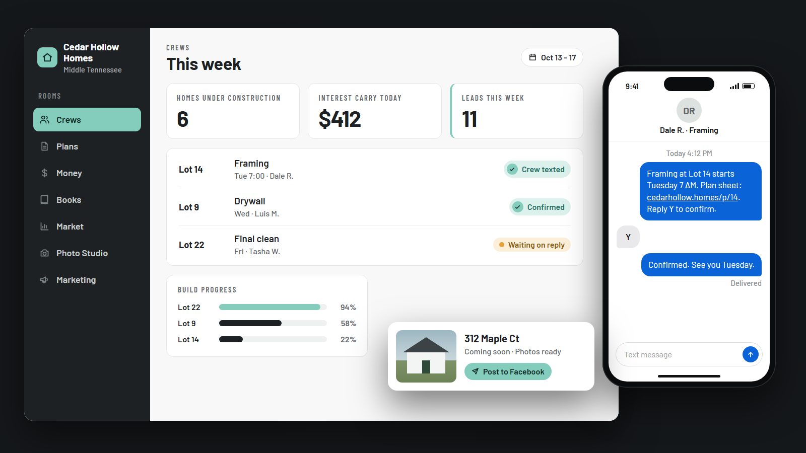 A spec builder&rsquo;s dashboard: this week&rsquo;s crews texted and confirmed, interest carry, leads, a framing crew confirming by text, and a listing ready to post