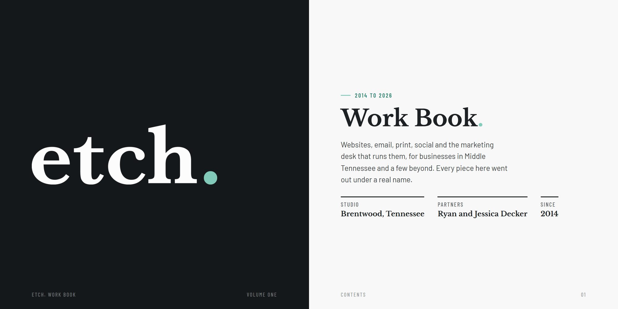 Cover: the Etch wordmark on the plate, and the contents of the Work Book, 2014 to 2026