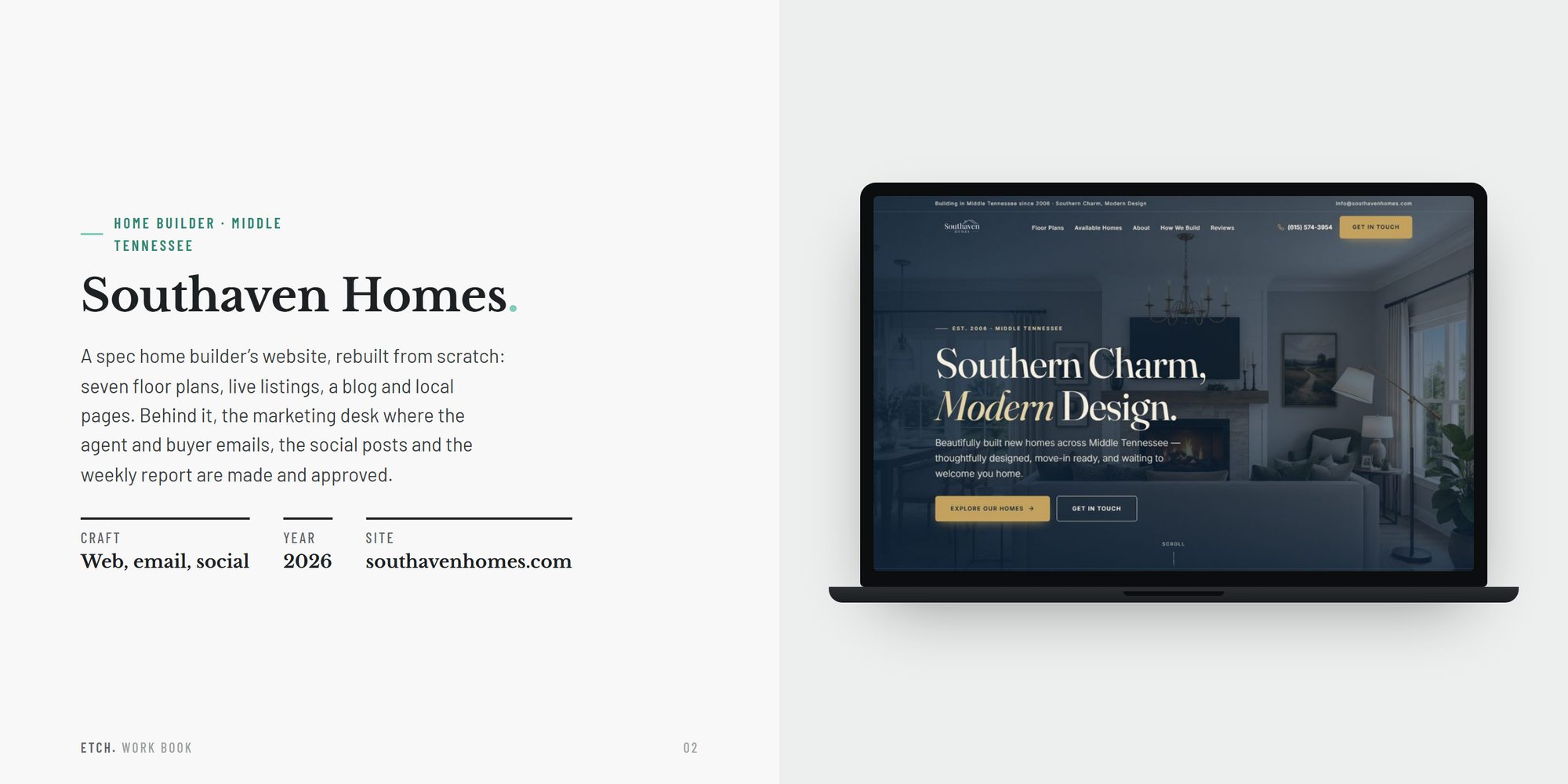 Southaven Homes: the rebuilt website on a laptop, with the crafts, the year and the address