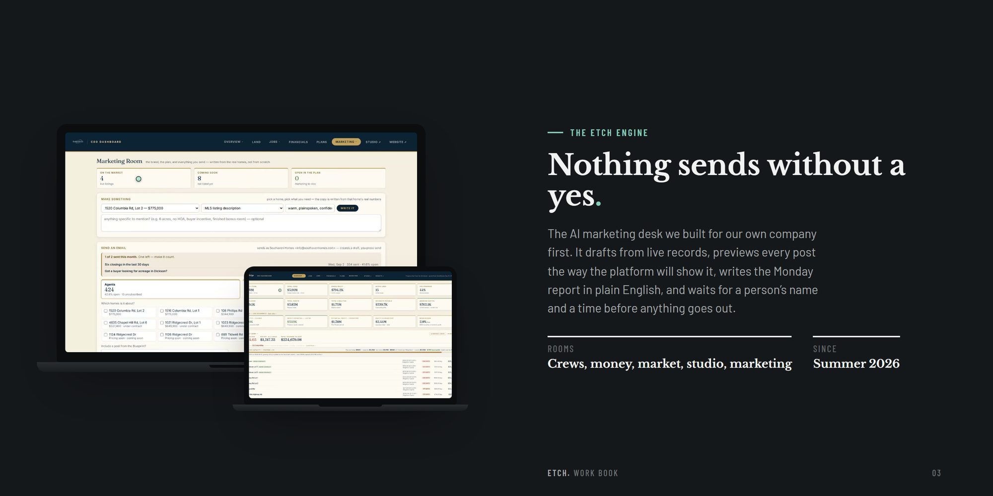 The Etch Engine: the dashboard on two screens, and the rule that nothing sends without a yes
