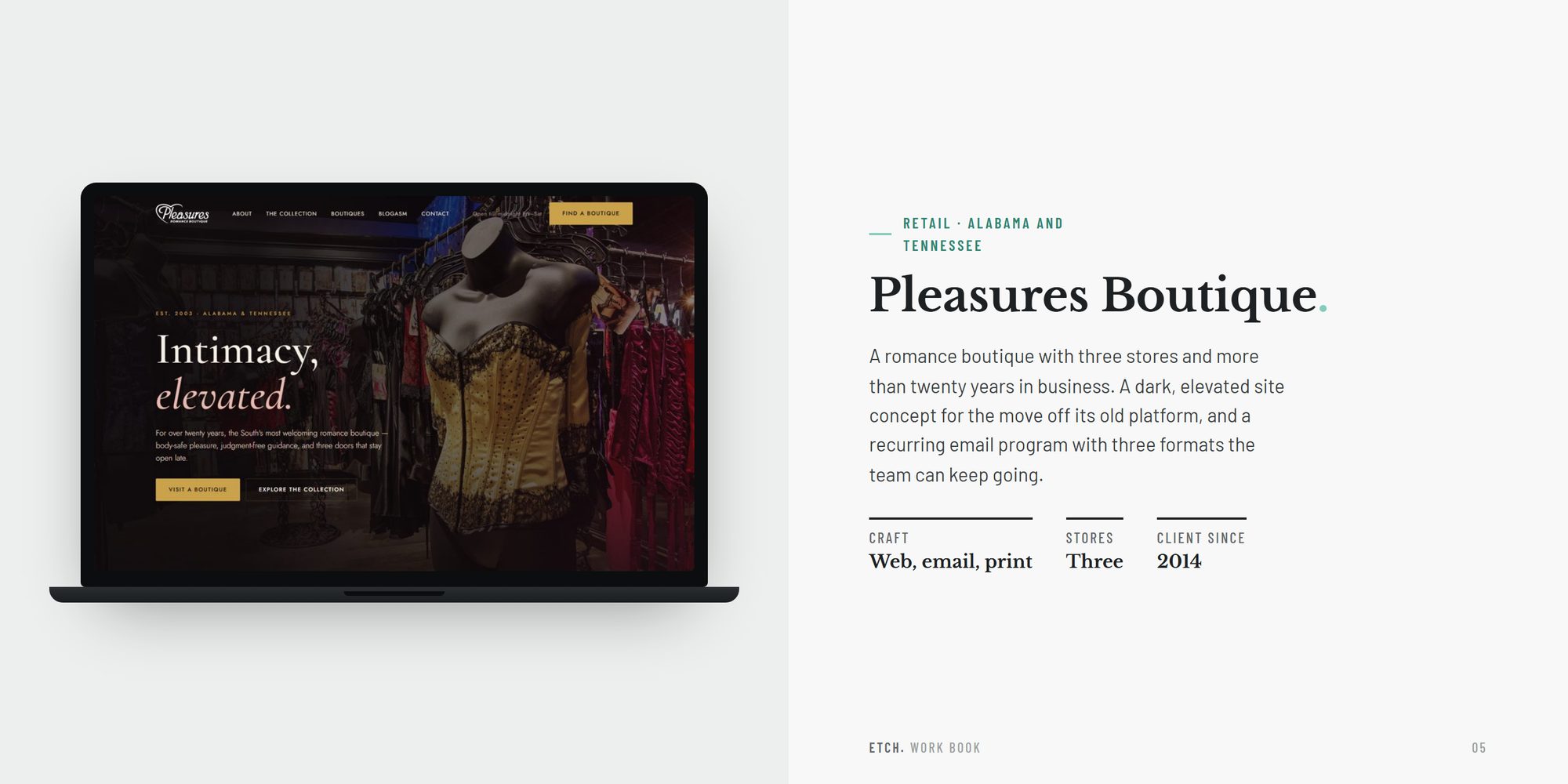 Pleasures Boutique: the site concept on a laptop, three stores, a client since 2014
