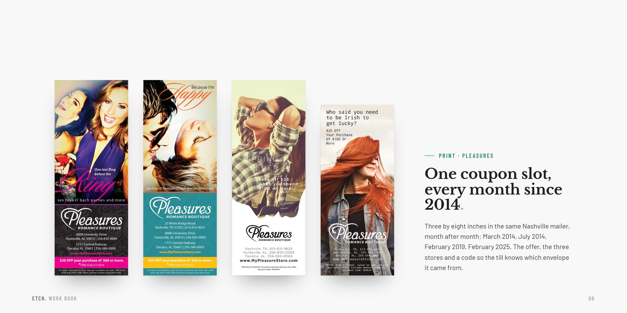 Pleasures print: four coupon ads from the same slot, March 2014, July 2014, February 2019 and February 2025, standing on the page