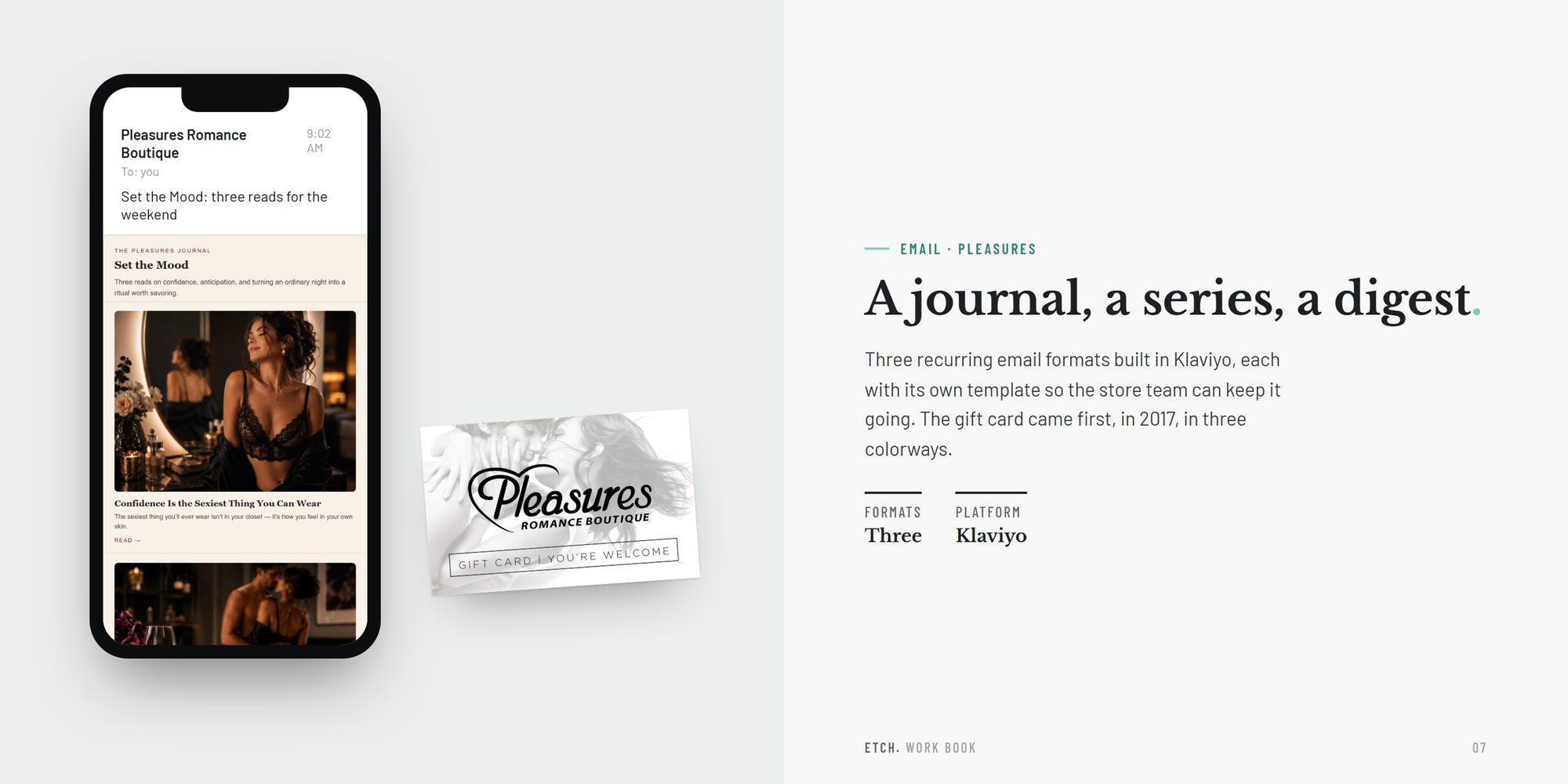 Pleasures email: the journal digest on a phone beside the 2017 gift card