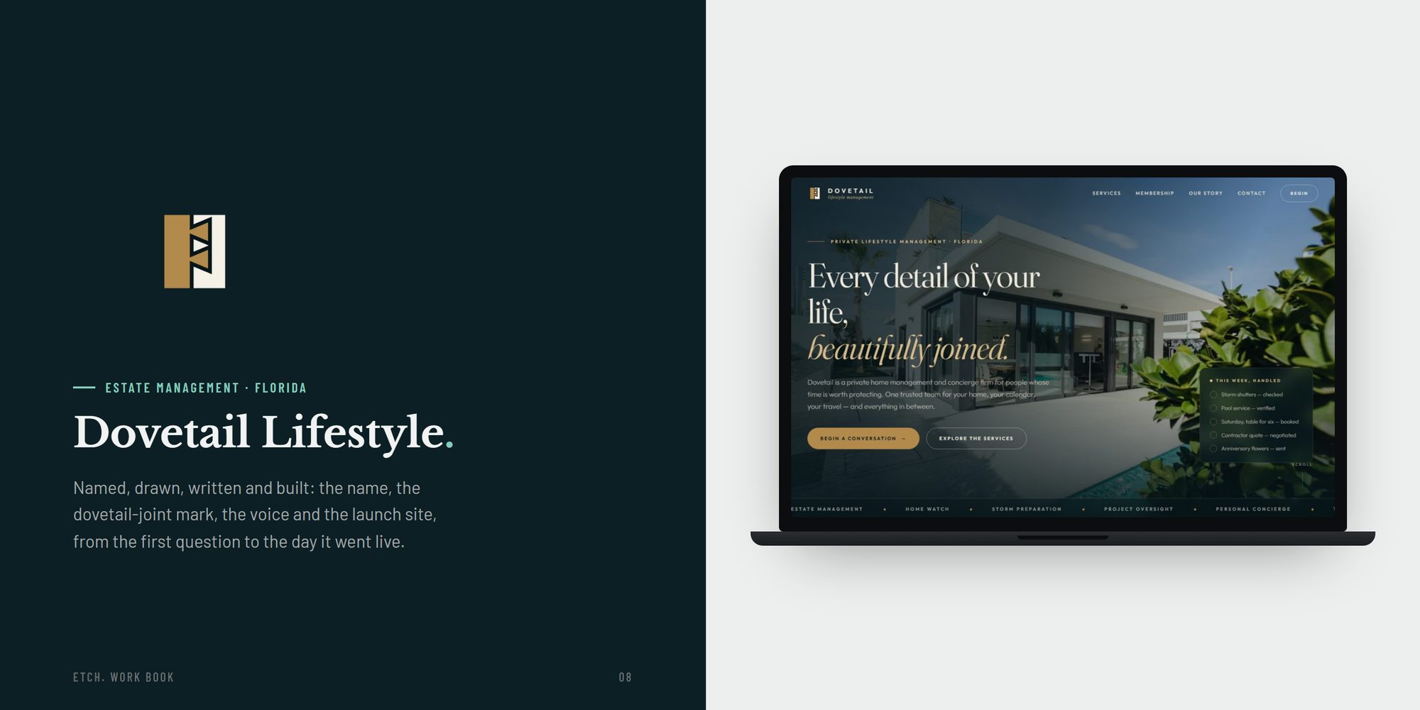 Dovetail Lifestyle: the dovetail-joint mark on ink, and the launch site on a laptop