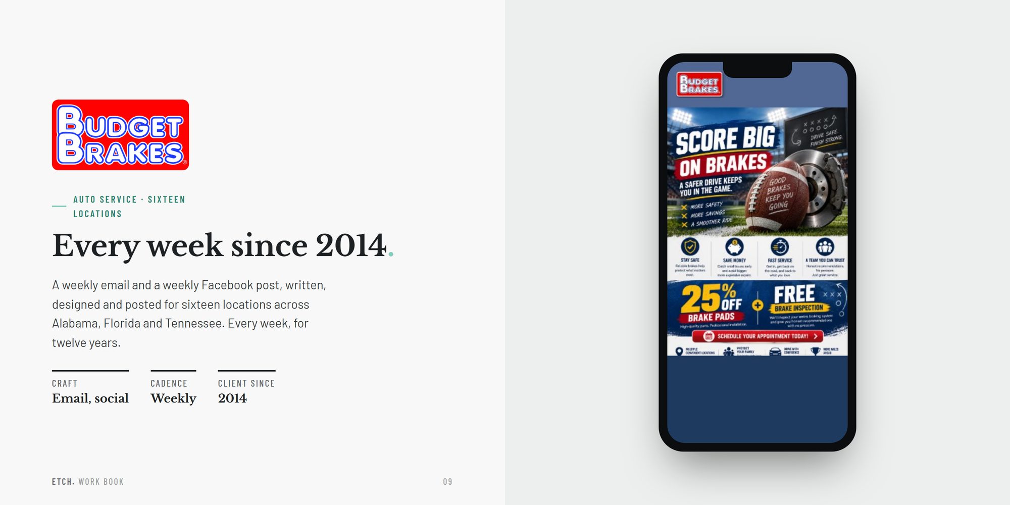 Budget Brakes: the September 2026 email on a phone, a weekly email and post for sixteen locations since 2014