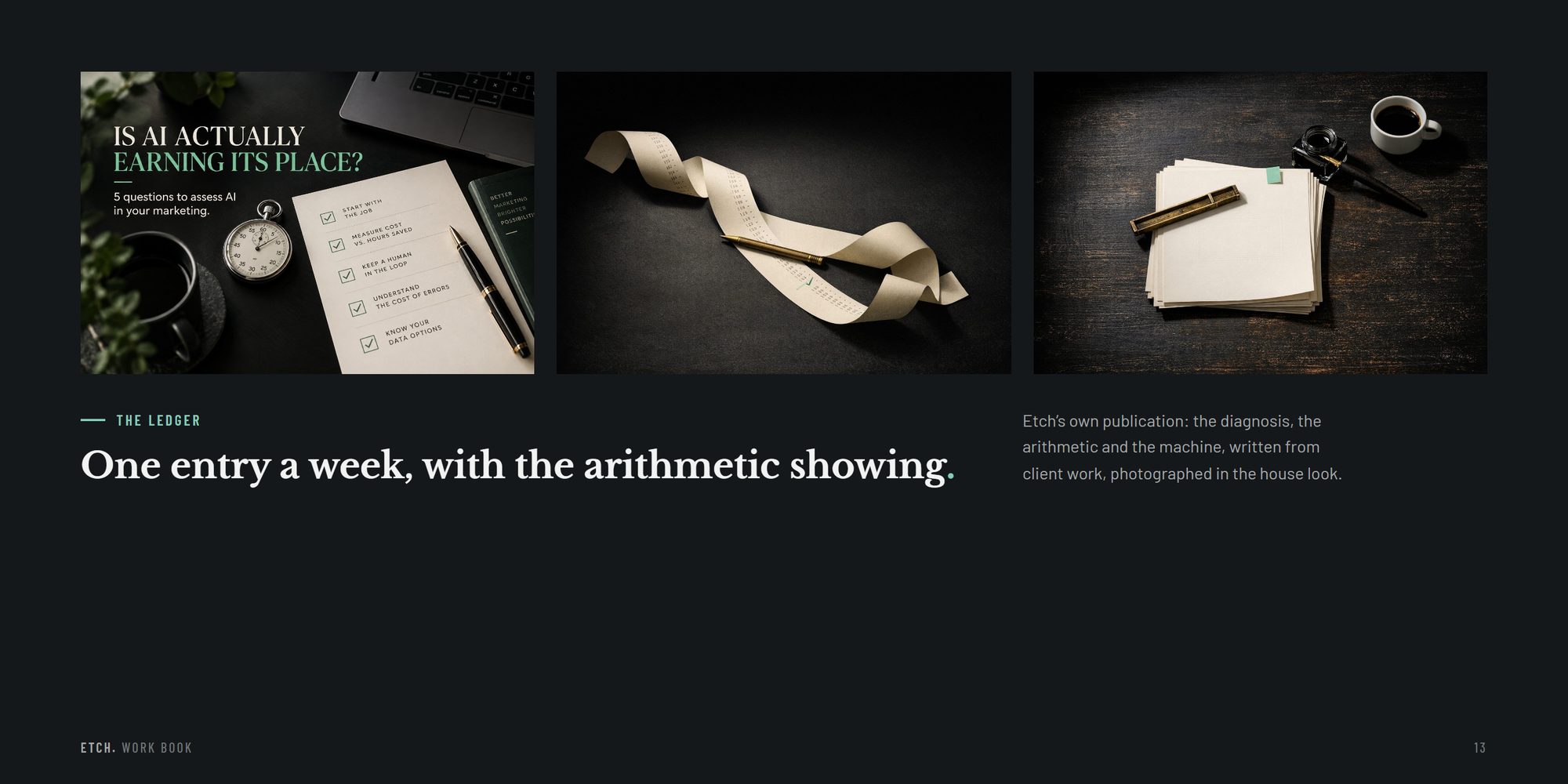 The Ledger: three photographs from the entries, one a week with the arithmetic showing