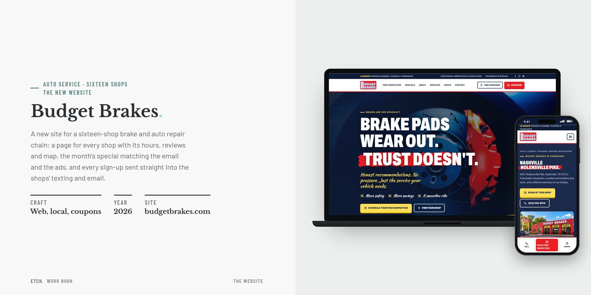 Budget Brakes, the new website: the home page on a laptop and the Nolensville Pike shop page on a phone, one page for each of sixteen shops