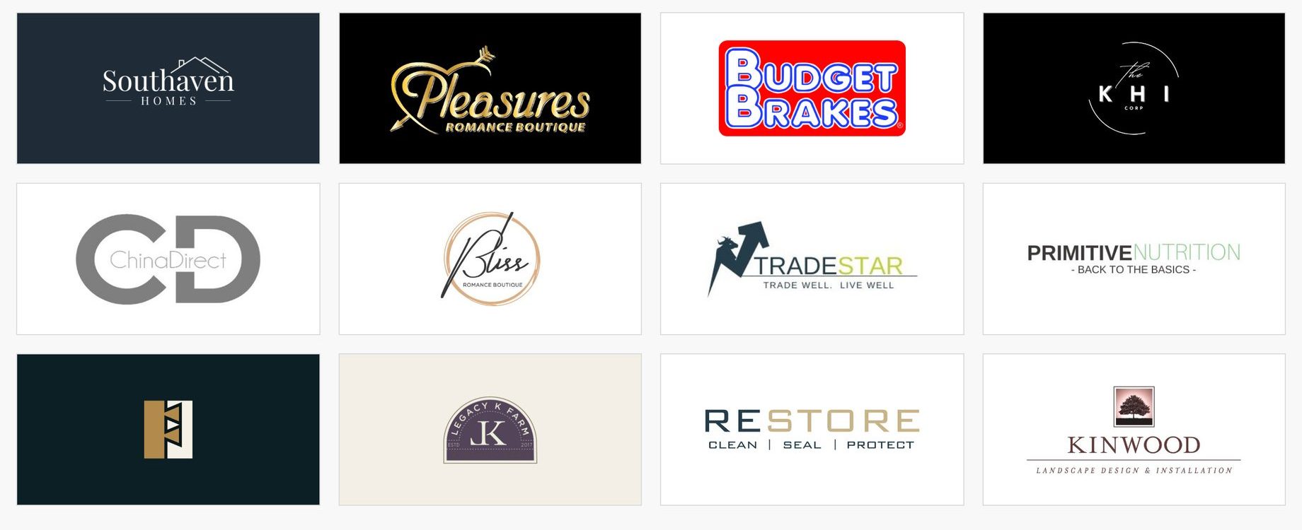 Twelve client logos: Southaven Homes, Pleasures, Budget Brakes, KHI Corp, China Direct, Bliss, TradeStar, Primitive Nutrition, Dovetail, Legacy K Farm, Restore and Kinwood