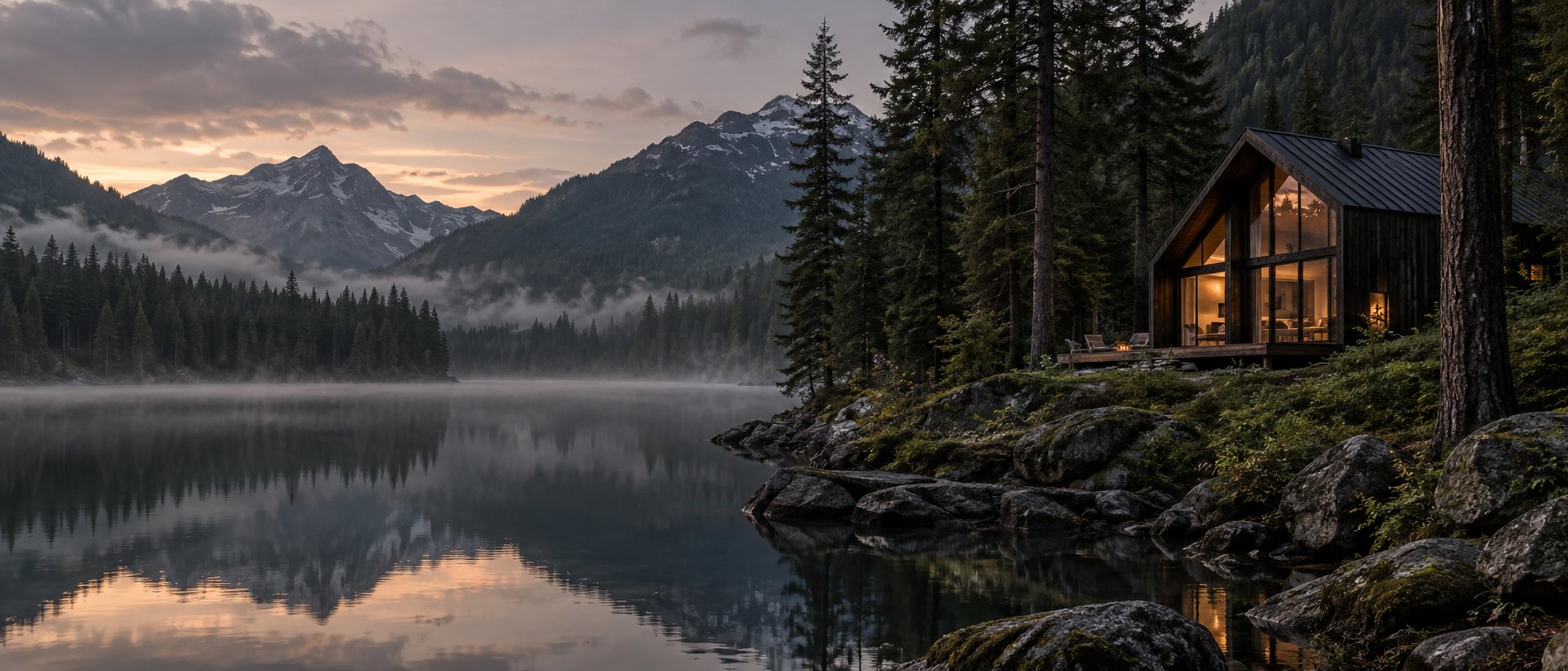 Warm timber cabin overlooking a misty mountain lake